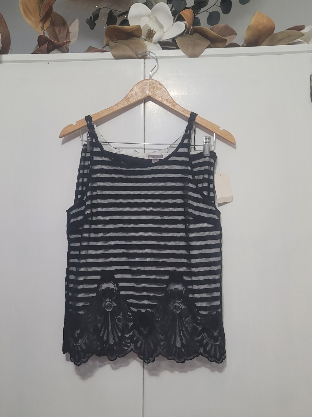 Chelsea28 Black and Gray Striped Lace-Hem Cami